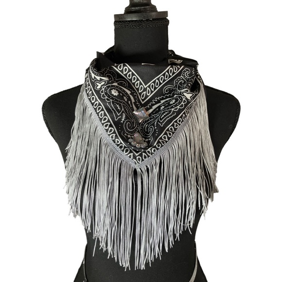 Hand Crafted Accessories - Fringed Blinged out Black Bandana with